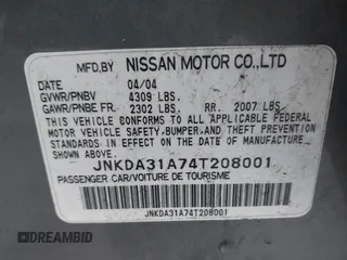 2004 Infiniti I35 with VIN JNKDA31A74T208001, listed as a IAAI auction lot 41835959 with 84,747 mi miles. Bid and sale history available at carsss.com. Image 9.