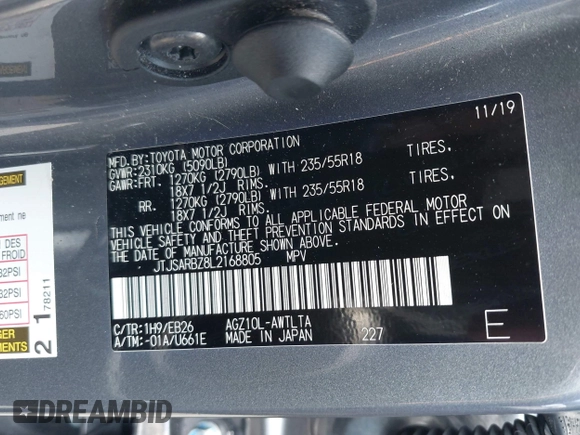 2020 Lexus NX 300 F Sport with VIN JTJSARBZ8L2168805, listed as a IAAI auction lot 42455378 with 62,419 mi miles and . Bid and sale history available at DreamBid. Image 9.