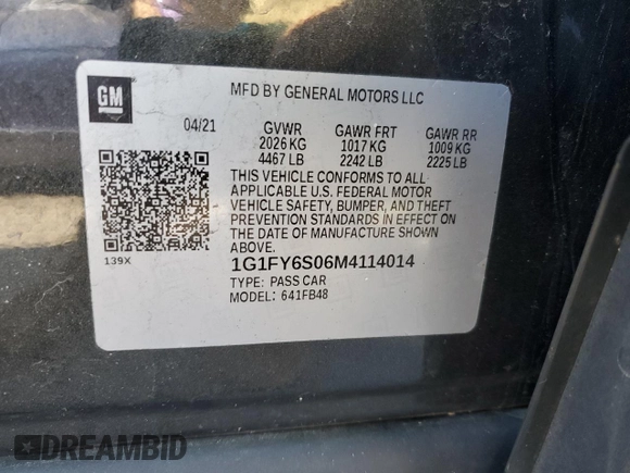 2021 Chevrolet Bolt EV LT with VIN 1G1FY6S06M4114014, listed as a Copart auction lot 47519985 with 46,545 mi miles and Non repairable. Bid and sale history available at DreamBid. Image 12.
