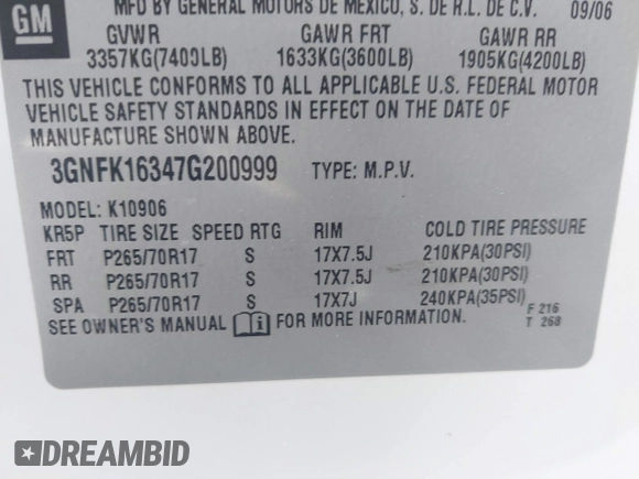 2007 Chevrolet Suburban LTZ with VIN 3GNFK16347G200999, listed as a IAAI auction lot 41392205 with 115,656 mi miles. Bid and sale history available at carsss.com. Image 9.