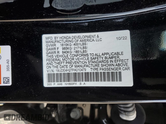 2023 Acura Integra with VIN 19UDE4H27PA010479, listed as a Copart auction lot 50364055 with 29,872 mi miles and Salvage title. Bid and sale history available at DreamBid. Image 14.