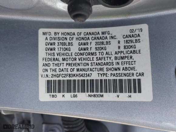 2019 Honda Civic Sedan Sport with VIN 2HGFC2F83KH542347, listed as a IAAI auction lot 41831834 with 80,222 mi miles. Bid and sale history available at carsss.com. Image 9.