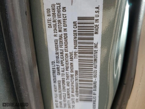 2001 Subaru Legacy Wagon Outback w/RB Equip with VIN 4S3BH665517617068, listed as a Copart auction lot 43575485 with 146,592 mi miles and Salvage Title. Bid and sale history available at carsss.com. Image 12.