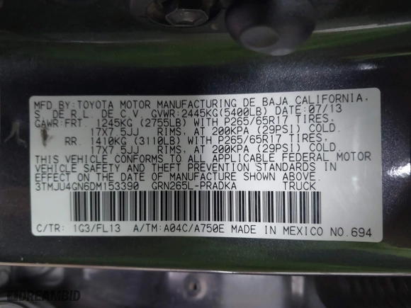 2013 Toyota Tacoma PreRunner with VIN 3TMJU4GN6DM153390, listed as a IAAI auction lot 41300619 with 163,974 mi miles. Bid and sale history available at carsss.com. Image 9.