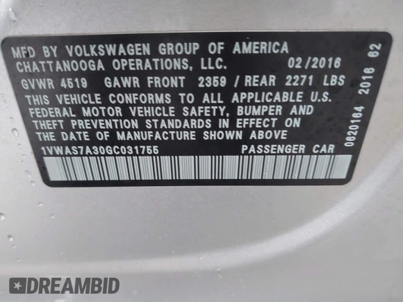 2016 Volkswagen Passat S with VIN 1VWAS7A30GC031755, listed as a IAAI auction lot 42359638 with 115,046 mi miles and . Bid and sale history available at DreamBid. Image 9.