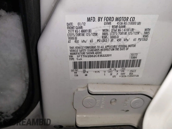2012 Ford F-250 XL с VIN 1FT7W2B62CEB22201, выставлен на аукционе IAAI как лот 41600175 с пробегом Не указан миль и . История ставок и продаж доступна на DreamBid. Изображение 9.