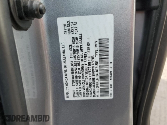 2020 Honda Odyssey EX with VIN 5FNRL6H54LB071354, listed as a Copart auction lot 49274065 with Not Provided miles and Salvage Title. Bid and sale history available at DreamBid. Image 13.