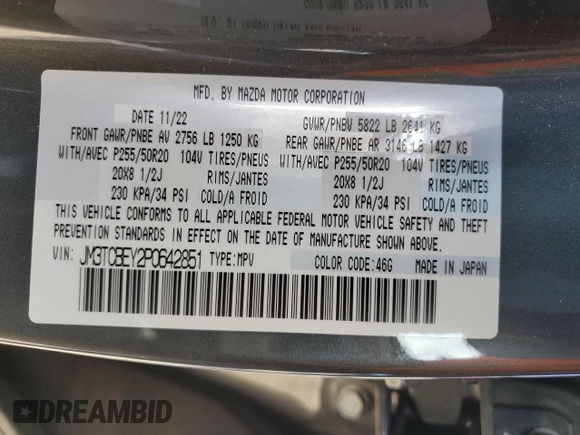 2023 Mazda CX-9 Signature с VIN JM3TCBEY2P0642851, выставлен на аукционе Copart как лот 42877495 с пробегом 43 141 миль миль и Списание • Salvage title. История ставок и продаж доступна на DreamBid. Изображение 14.