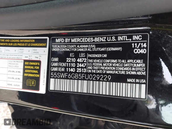 2015 Mercedes-Benz C-Class C 400 with VIN 55SWF6GB5FU029229, listed as a IAAI auction lot 41914780 with 106,038 mi miles. Bid and sale history available at carsss.com. Image 9.