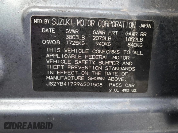 2009 Suzuki SX4 Touring AWD with VIN JS2YB417996201508, listed as a Copart auction lot 44859495 with 84,811 mi miles and Salvage Title. Bid and sale history available at DreamBid. Image 13.