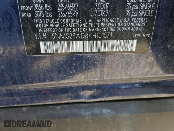 2019 Hyundai Santa Fe SE with VIN 5NMS23AD8KH101571, listed as a Copart auction lot 78020904 with 135,791 mi miles and Non Repairable. Bid and sale history available at DreamBid. Image 14.