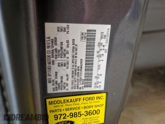 2002 Ford F-150 XL with VIN 1FTRX17212NB63939, listed as a Copart auction lot 62728225 with Not provided miles and Salvage title. Bid and sale history available at DreamBid. Image 12.