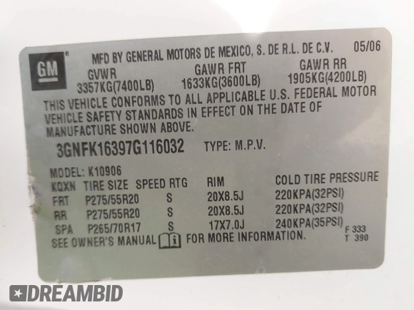 2007 Chevrolet Suburban LT with VIN 3GNFK16397G116032, listed as a IAAI auction lot 42391864 with 226,280 mi miles and . Bid and sale history available at DreamBid. Image 9.