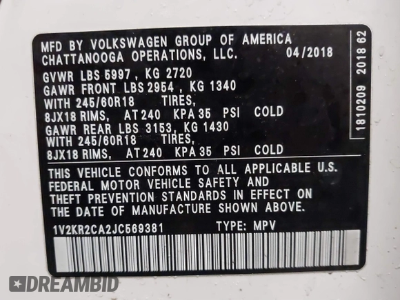 2018 Volkswagen Atlas SE with VIN 1V2KR2CA2JC569381, listed as a IAAI auction lot 41843200 with 87,769 mi miles and . Bid and sale history available at DreamBid. Image 9.