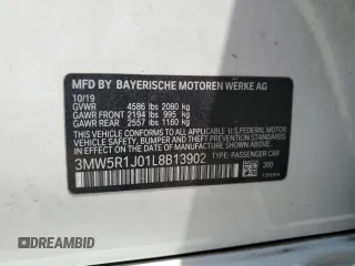 2020 BMW 3 Series 330i with VIN 3MW5R1J01L8B13902, listed as a Copart auction lot 59869625 with 54,992 mi miles and Salvage title. Bid and sale history available at DreamBid. Image 12.