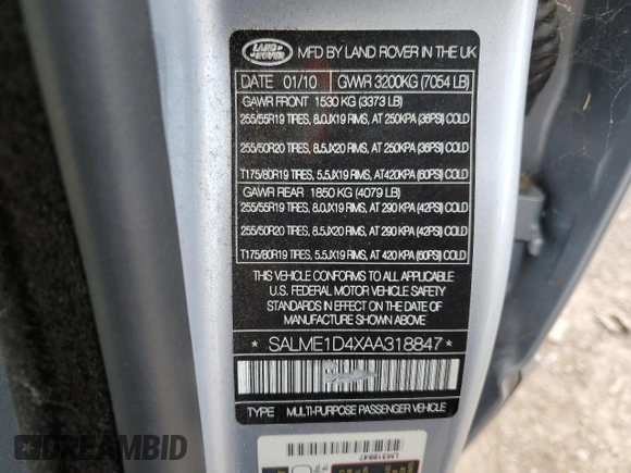 2010 Land Rover Range Rover HSE z VIN SALME1D4XAA318847, wystawiony jako Copart lot #84735474 z przebiegiem 184 777 mil mil oraz Szkoda całkowita • Salvage title. Historia ofert i sprzedaży dostępna na DreamBid. Obrazek 13.