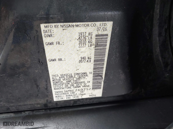 2016 Nissan Altima 2.5 SL with VIN 1N4AL3AP9GC269752, listed as a IAAI auction lot 41550006 with 164,240 mi miles. Bid and sale history available at carsss.com. Image 9.