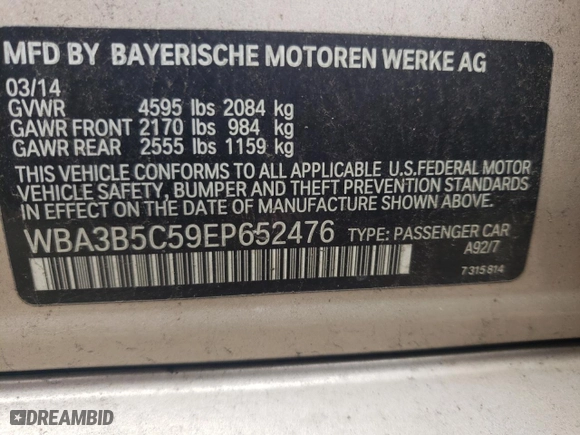 2014 BMW 3 Series 328i xDrive with VIN WBA3B5C59EP652476, listed as a Copart auction lot 51870905 with 0 mi miles and Clean Title. Bid and sale history available at carsss.com. Image 12.
