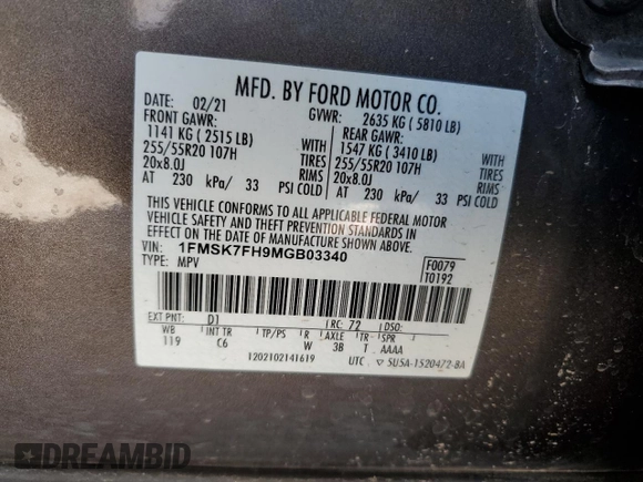 2021 Ford Explorer Limited with VIN 1FMSK7FH9MGB03340, listed as a Copart auction lot 45393915 with 67,131 mi miles and Salvage Title. Bid and sale history available at carsss.com. Image 13.