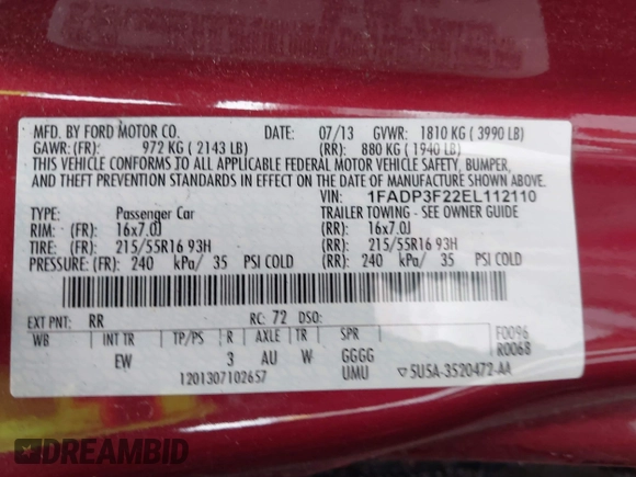 2014 Ford Focus SE with VIN 1FADP3F22EL112110, listed as a IAAI auction lot 41582585 with 107,285 mi miles. Bid and sale history available at carsss.com. Image 9.