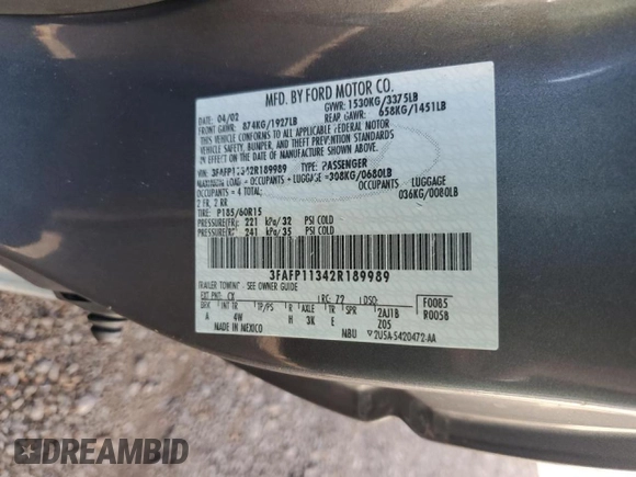 2002 Ford Escort ZX2 Standard with VIN 3FAFP11342R189989, listed as a Copart auction lot 88742955 with 70,071 mi miles and Non repairable. Bid and sale history available at DreamBid. Image 12.