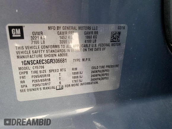2016 Chevrolet Tahoe LS with VIN 1GNSCAEC3GR306681, listed as a Copart auction lot 47670525 with Not provided miles and Non repairable. Bid and sale history available at DreamBid. Image 13.