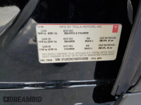 2016 Tesla Model X 70D z VIN 5YJXCDE23GF018396, wystawiony jako Copart lot #53056465 z przebiegiem 104 248 mil mil oraz Szkody całkowita. Historia ofert i sprzedaży dostępna na DreamBid. Obrazek 16.