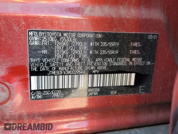 2021 Toyota RAV4 Prime XSE with VIN JTMEB3FV3MD029544, listed as a Copart auction lot 88297455 with 86,631 mi miles and Salvage Title. Bid and sale history available at carsss.com. Image 13.