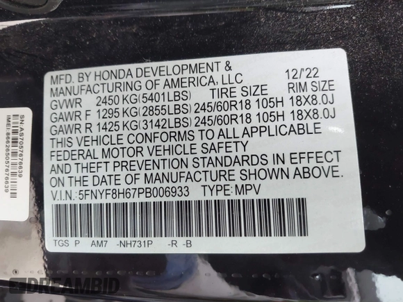 2023 Honda Passport TrailSport with VIN 5FNYF8H67PB006933, listed as a IAAI auction lot 41597859 with 34,145 mi miles and . Bid and sale history available at carsss.com. Image 9.