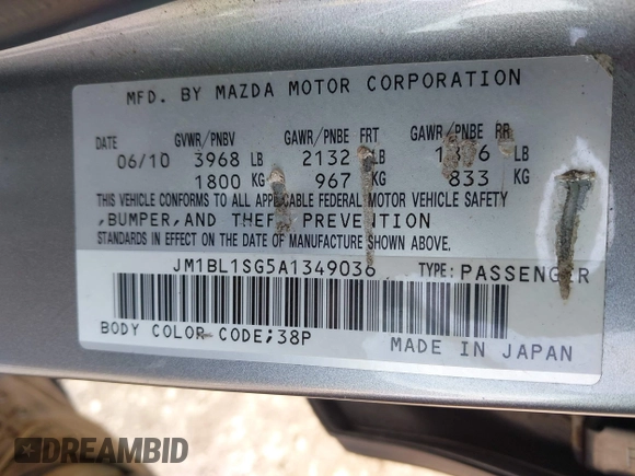 2010 Mazda Mazda3 i Touring with VIN JM1BL1SG5A1349036, listed as a IAAI auction lot 42038645 with 115,944 mi miles. Bid and sale history available at carsss.com. Image 9.