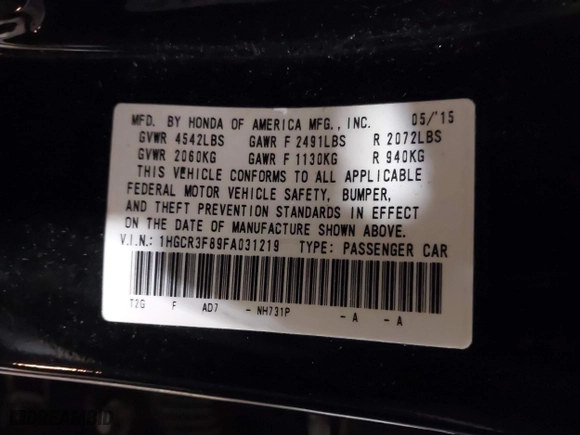 2015 Honda Accord Sedan EX-L with VIN 1HGCR3F89FA031219, listed as a IAAI auction lot 41085130 with 75,684 mi miles. Bid and sale history available at carsss.com. Image 9.