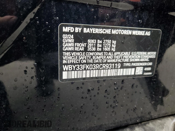 2024 BMW i5 eDrive40 z VIN WBY33FK03RCR93119, wystawiony jako Copart lot #76124194 z przebiegiem Nie podano mil oraz Szkody całkowita. Historia ofert i sprzedaży dostępna na DreamBid. Obrazek 14.