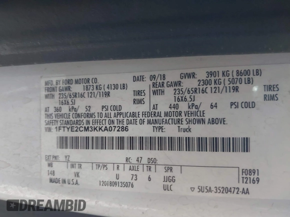 2019 Ford Transit with VIN 1FTYE2CM3KKA07286, listed as a IAAI auction lot 40514524 with 141,215 mi miles. Bid and sale history available at carsss.com. Image 9.