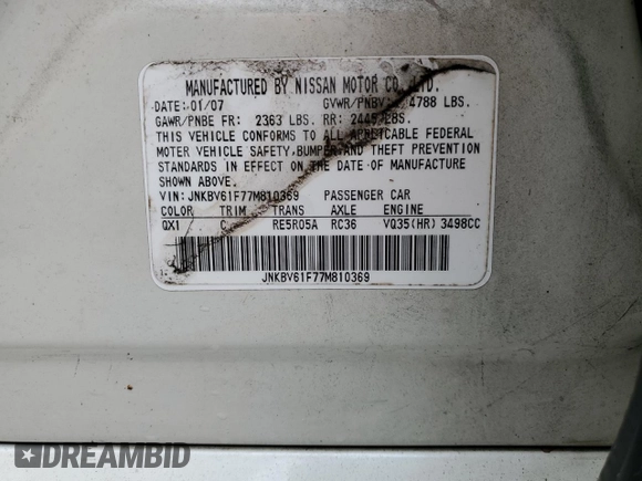 2007 Infiniti G35 G35x with VIN JNKBV61F77M810369, listed as a Copart auction lot 73843864 with Not Provided miles and Salvage Title. Bid and sale history available at DreamBid. Image 13.