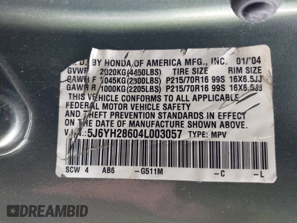 2004 Honda Element EX с VIN 5J6YH28604L003057, выставлен на аукционе IAAI как лот 42181075 с пробегом 196 677 миль миль и . История ставок и продаж доступна на DreamBid. Изображение 9.