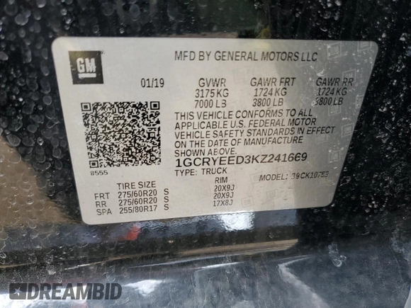 2019 Chevrolet Silverado 1500 RST with VIN 1GCRYEED3KZ241669, listed as a Copart auction lot 50583165 with 69,056 mi miles and Salvage Title. Bid and sale history available at DreamBid. Image 12.