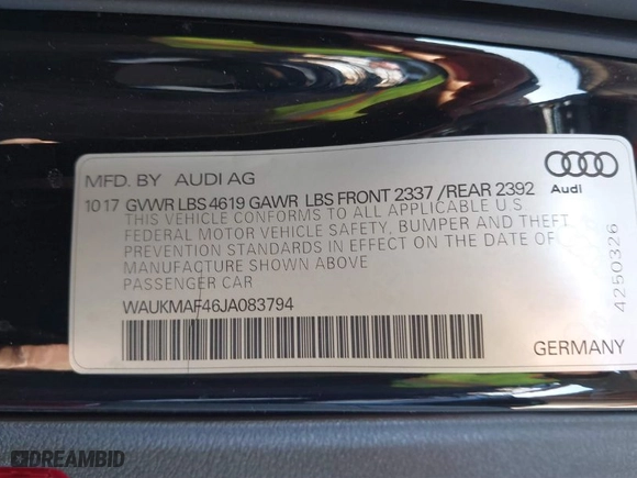 2018 Audi A4 Premium with VIN WAUKMAF46JA083794, listed as a IAAI auction lot 41642033 with 101,283 mi miles. Bid and sale history available at carsss.com. Image 9.