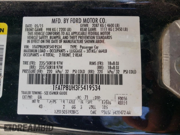 2015 Ford Mustang EcoBoost Premium with VIN 1FATP8UH3F5419534, listed as a Copart auction lot 54920395 with 116,150 mi miles and Clean title. Bid and sale history available at DreamBid. Image 12.