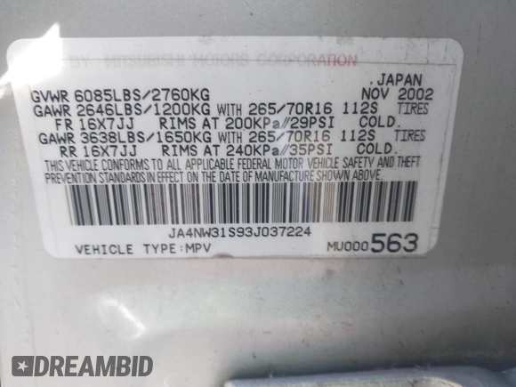 2003 Mitsubishi Montero z VIN JA4NW31S93J037224, wystawiony jako IAAI lot #41848661 z przebiegiem 206 151 mil mil oraz . Historia ofert i sprzedaży dostępna na DreamBid. Obrazek 9.