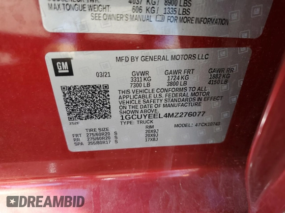 2021 Chevrolet Silverado 1500 RST with VIN 1GCUYEEL4MZ276077, listed as a Copart auction lot 87184614 with 339,919 mi miles and Salvage Title. Bid and sale history available at carsss.com. Image 12.