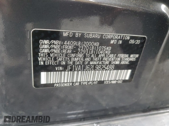 2020 Subaru WRX Limited with VIN JF1VA1J62L9825488, listed as a Copart auction lot 57016315 with 110,241 mi miles and Salvage title. Bid and sale history available at DreamBid. Image 13.