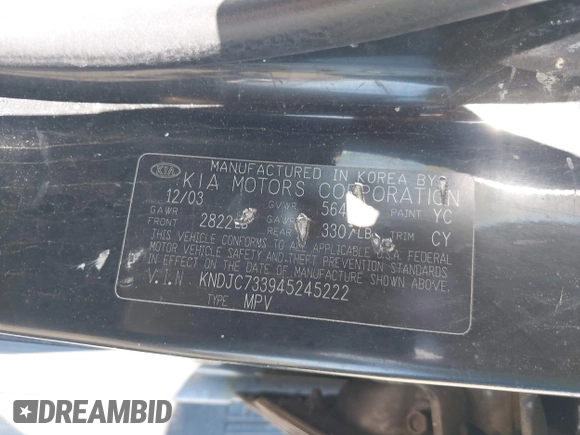 2004 Kia Sorento LX with VIN KNDJC733945245222, listed as a IAAI auction lot 42056958 with 272,128 mi miles. Bid and sale history available at carsss.com. Image 9.