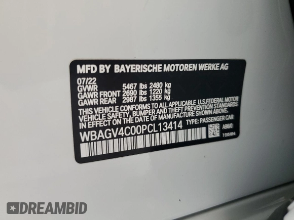2023 BMW 8 Series 840i with VIN WBAGV4C00PCL13414, listed as a Copart auction lot 51512755 with 23,133 mi miles and Salvage title. Bid and sale history available at DreamBid. Image 13.