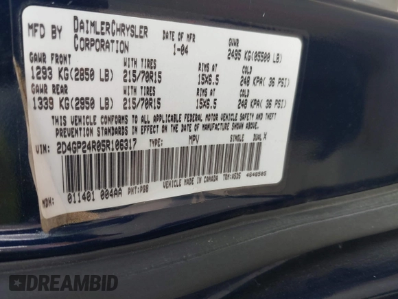 2005 Dodge Caravan SE z VIN 2D4GP24R05R106317, wystawiony jako IAAI lot #41877906 z przebiegiem 218 591 mil mil oraz . Historia ofert i sprzedaży dostępna na DreamBid. Obrazek 9.