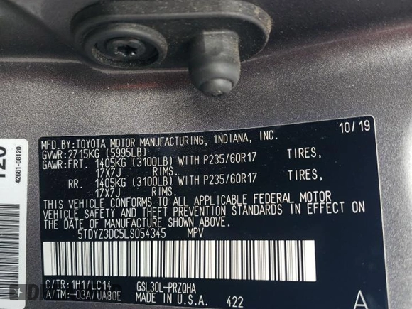 2020 Toyota Sienna XLE Auto Access Seat with VIN 5TDYZ3DC5LS054345, listed as a Copart auction lot 44505715 with 261,275 mi miles and Salvage Title. Bid and sale history available at carsss.com. Image 16.