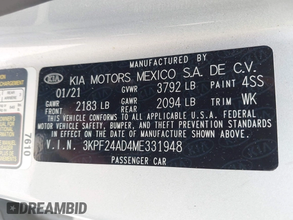 2021 Kia Forte LXS с VIN 3KPF24AD4ME331948, выставлен на аукционе IAAI как лот 42474846 с пробегом 101 922 миль миль и . История ставок и продаж доступна на DreamBid. Изображение 9.