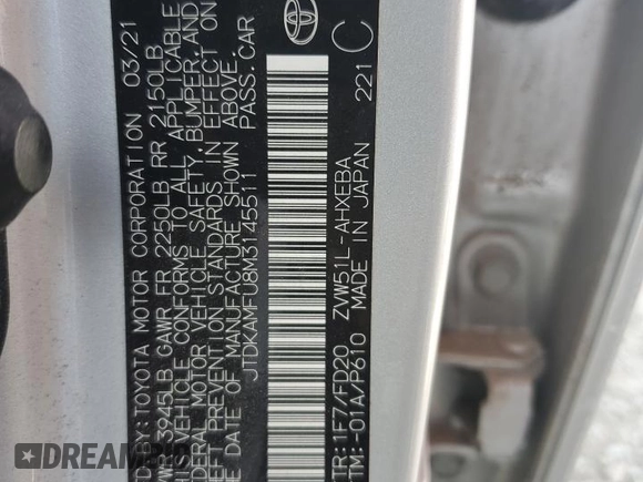 2021 Toyota Prius L Eco with VIN JTDKAMFU8M3145511, listed as a Copart auction lot 55166085 with 14,846 mi miles and Salvage Title. Bid and sale history available at DreamBid. Image 13.