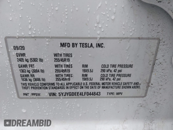 2020 Tesla Model Y Long Range with VIN 5YJYGDEE4LF044843, listed as a IAAI auction lot 41799504 with 40,770 mi miles and . Bid and sale history available at DreamBid. Image 9.