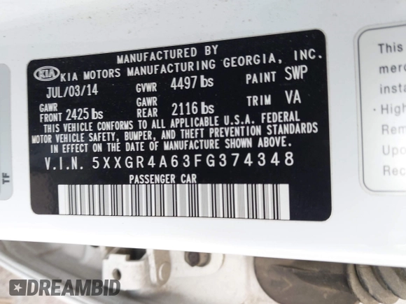 2015 Kia Optima SXL Turbo with VIN 5XXGR4A63FG374348, listed as a IAAI auction lot 41913278 with 173,880 mi miles and . Bid and sale history available at DreamBid. Image 9.