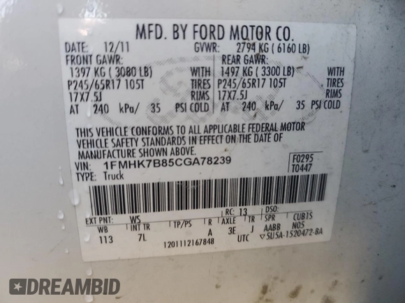 2012 Ford Explorer с VIN 1FMHK7B85CGA78239, выставлен на аукционе Copart как лот 78369054 с пробегом 167 601 миль миль и Списание • Salvage title. История ставок и продаж доступна на DreamBid. Изображение 13.